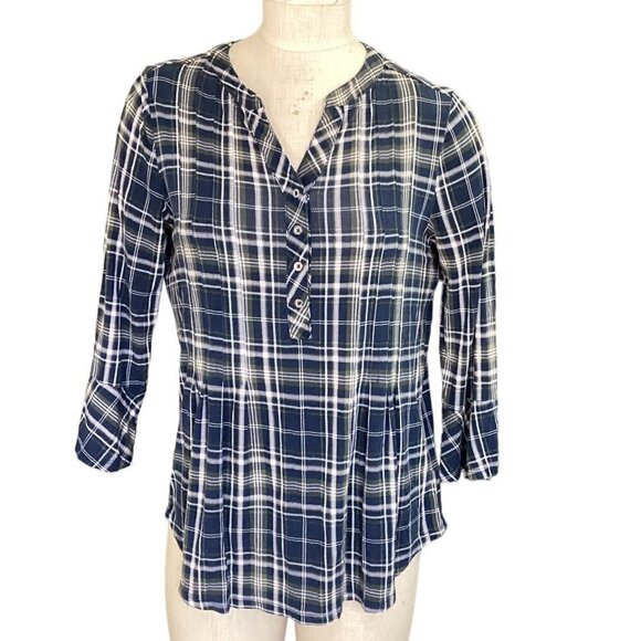 Westport Soft Plaid 3/4 Bell Sleeve Peplum Front V-Neck Button Top Sz PL #18P - Picture 1 of 9